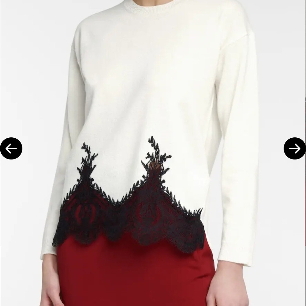 Valentino Beige Long Sleeve Top with Black Lace Wool + Cashmere Size L